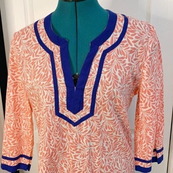 J. Crew V Neck Cotton Tunic Print Casual Long Sleeve Lightweight Summer Blouse - Picture 2 of 12